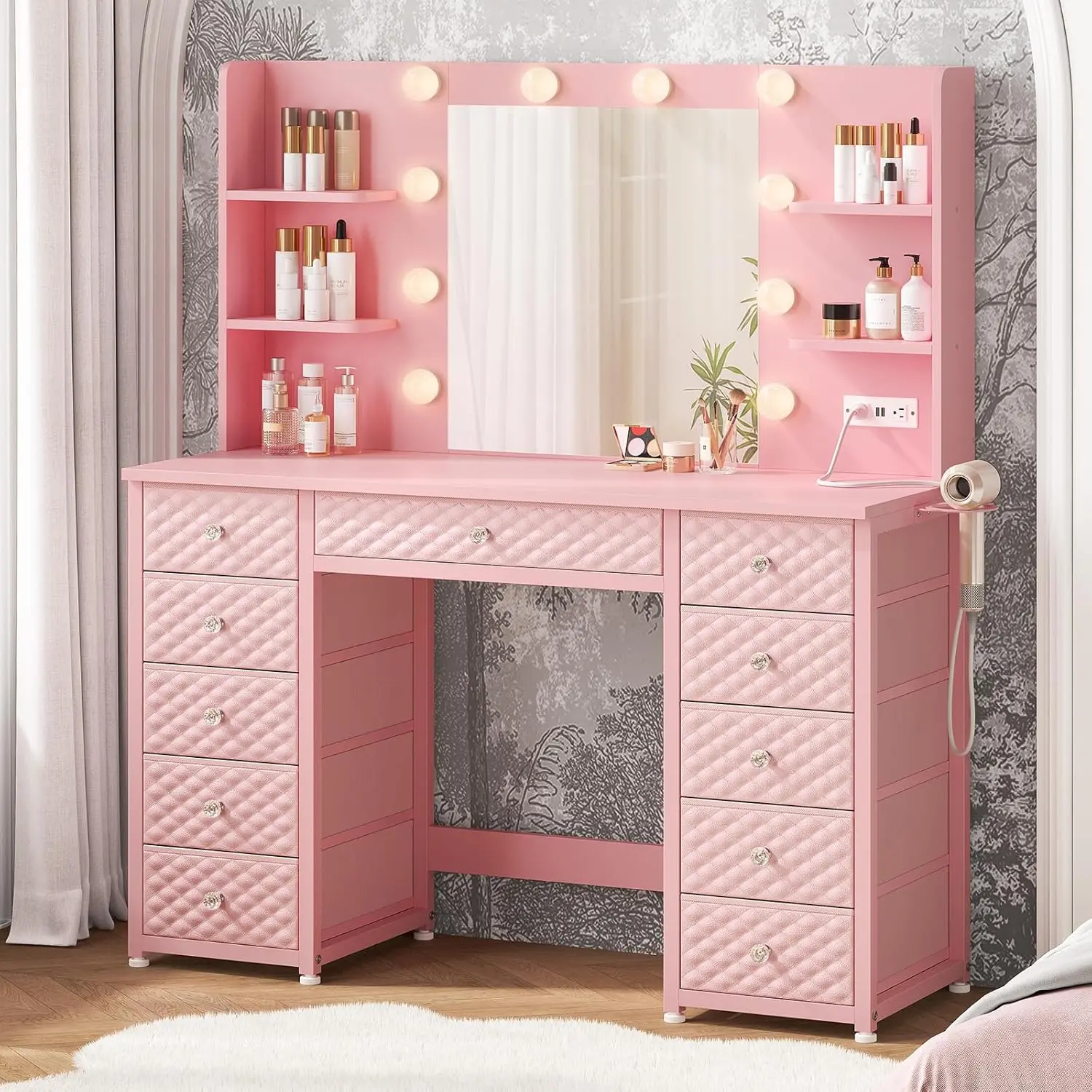 Sikaic LED Vanity Table with Backlit Mirror, Makeup Vanity Desk with Drawers, Power Outlet and Storage Shelves for Bedroom Furniture, Room Decor, Bedroom Items,dorm essentials,home decor