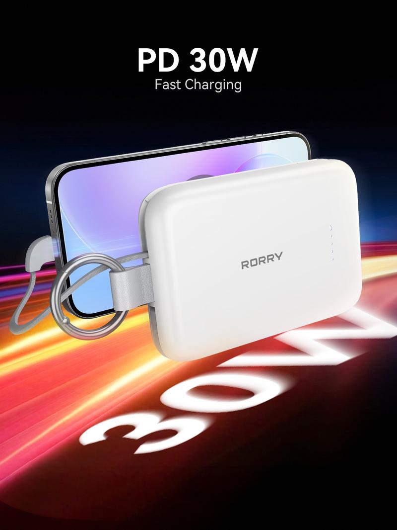 RORRY 10000mAh Portable Charger 30W Fast Charging Power Bank with Built-in Type-C & Lighting Cables Travel Keychain Battery Pack for iPhone 17-12 AirPods Android iPad Switch Lightweight Compact Multi Device Charging   valentinesdaygiftideas