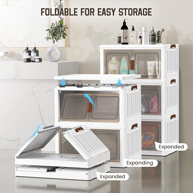 60CM-2/3/4/5 Layers Plastic Storage Box Organizer Stackable & Foldable with Magnetic Transparent Door for Kitchen Bedroom Living Room Study Office Saving Space