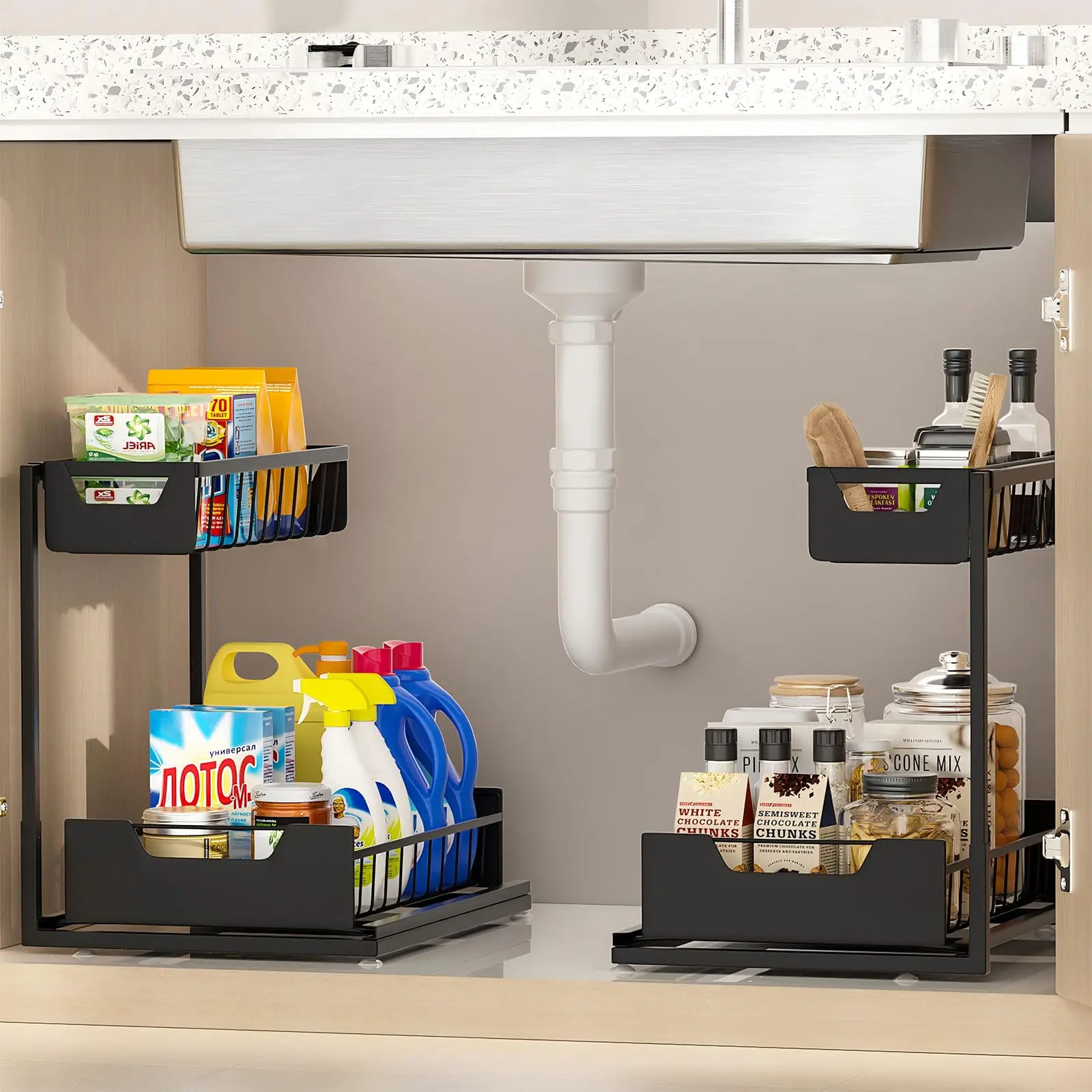 2-Pack Metal Pull-Out Sliding Under Sink Organizer with Bathroom Organizing Accessories, Space-Saving Kitchen Pantry Fixture, Ideal Mother's Day Gift