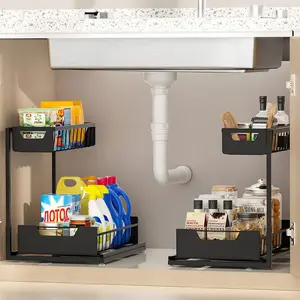 2 Pack Under Sink Organizer, Metal Pull Out Sliding Cabinet Shelf, Multi-purpose Storage Rack for Kitchen Bathroom Pantry RV Laundry Spice, Black Space Saving Home Organizer, Ideal Mother's Day Gift