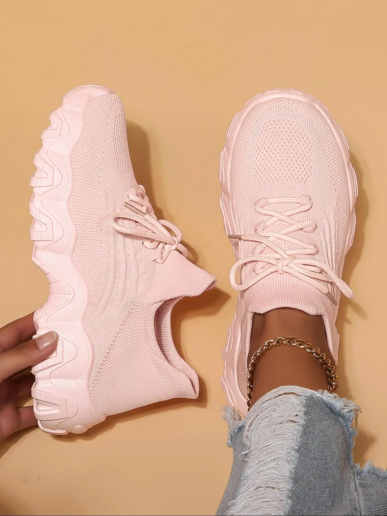 Women's Fashionable Lace-Up Low Top Sports Sneakers, Casual Comfortable Breathable Trendy Running Shoes, Versatile Basic Shoes for Daily Wear, Athletic Knitted Running Shoes