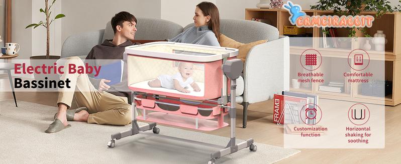 Electric Baby Bassinet with 6 Height Adjustments & 4 Lullabies, Stable Horizontal Swing, Bedside Sleeper, 3 Modes, Built-in Music, Bluetooth 5.0, 360° Rotating Wheels