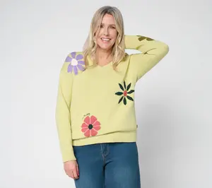 Peace Love World Garden Party Motif Cotton V-Neck Sweater