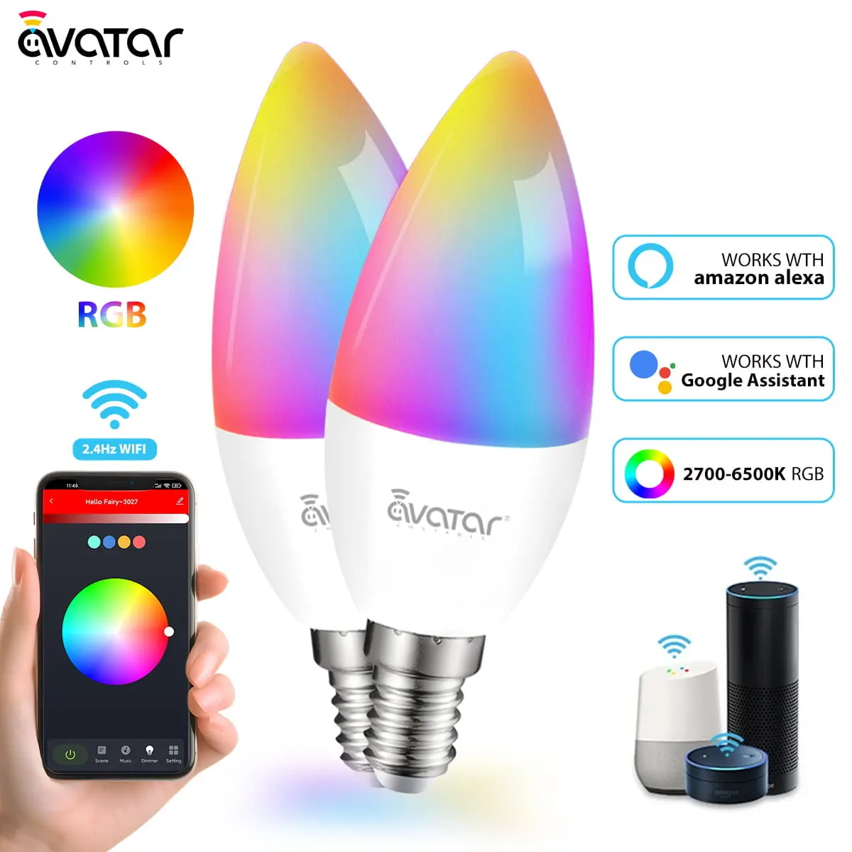 Avatar Controls 4 Pack Wi-Fi Smart LED Smart Bulbs, Dimmable, E12 Base Candelabra Smart Light Bulbs Color Chnaging Timer Music Sync, 5W, Compatible with Alexa & Google Assistant