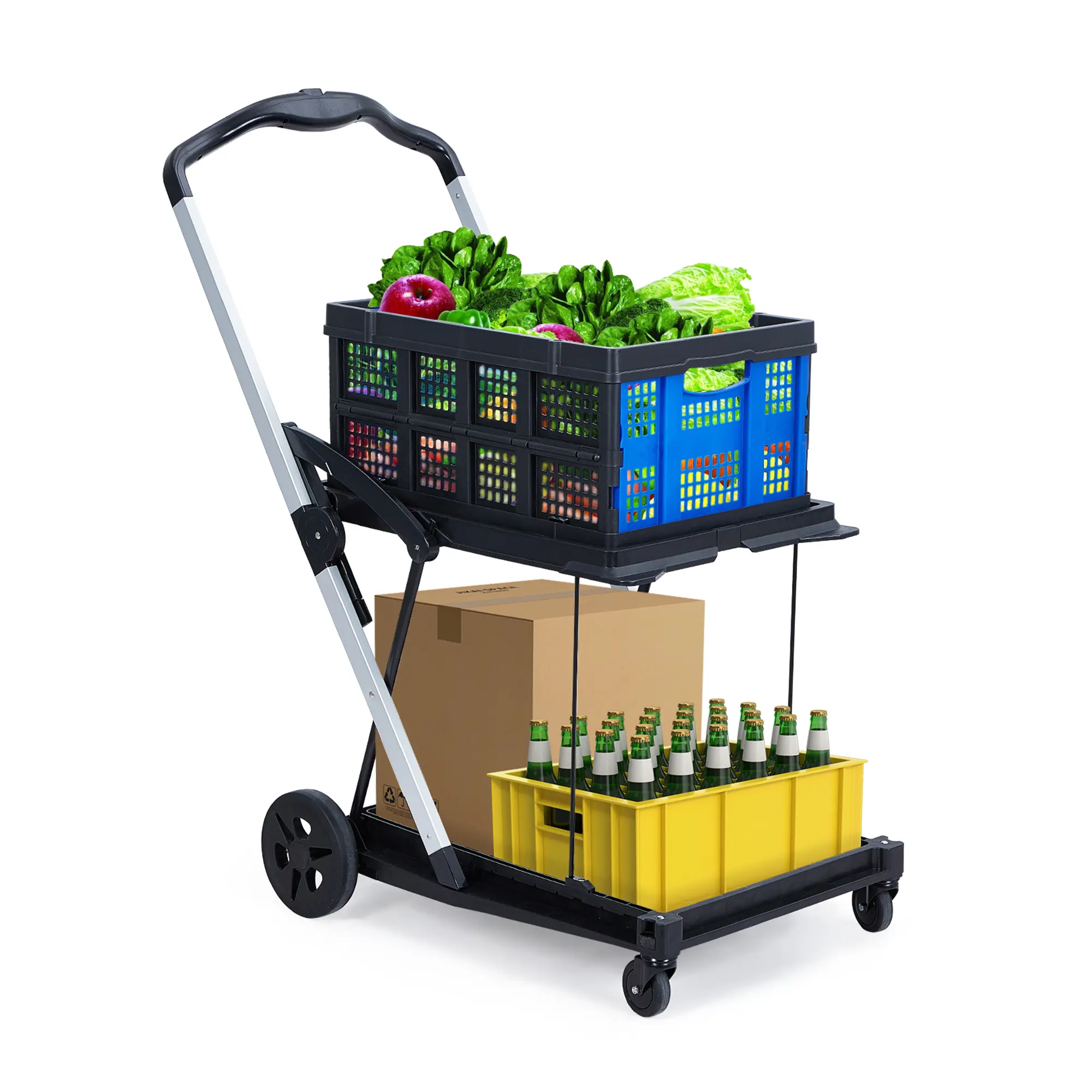 2-Tier Collapsible Garden Shopping Cart – Collapsible Utility Trolley with Removable Storage Crate, Lightweight Aluminum Frame, 198 lb Capacity, Portable for Home, Office, Supermarket