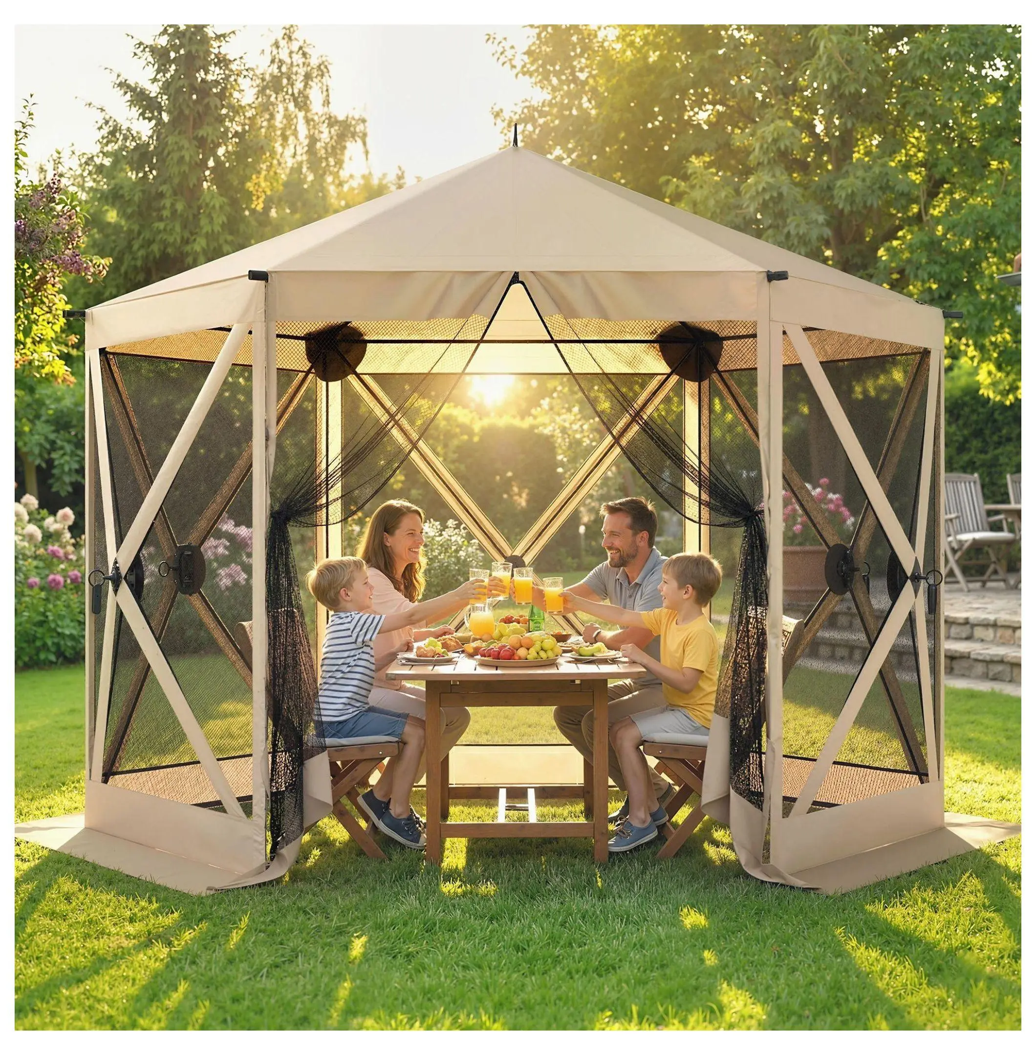 10x11 ft Pop Up Gazebo Screen Tent, Portable Camping Canopy, Mesh Netting, Carry Bag, Beige Default Title
