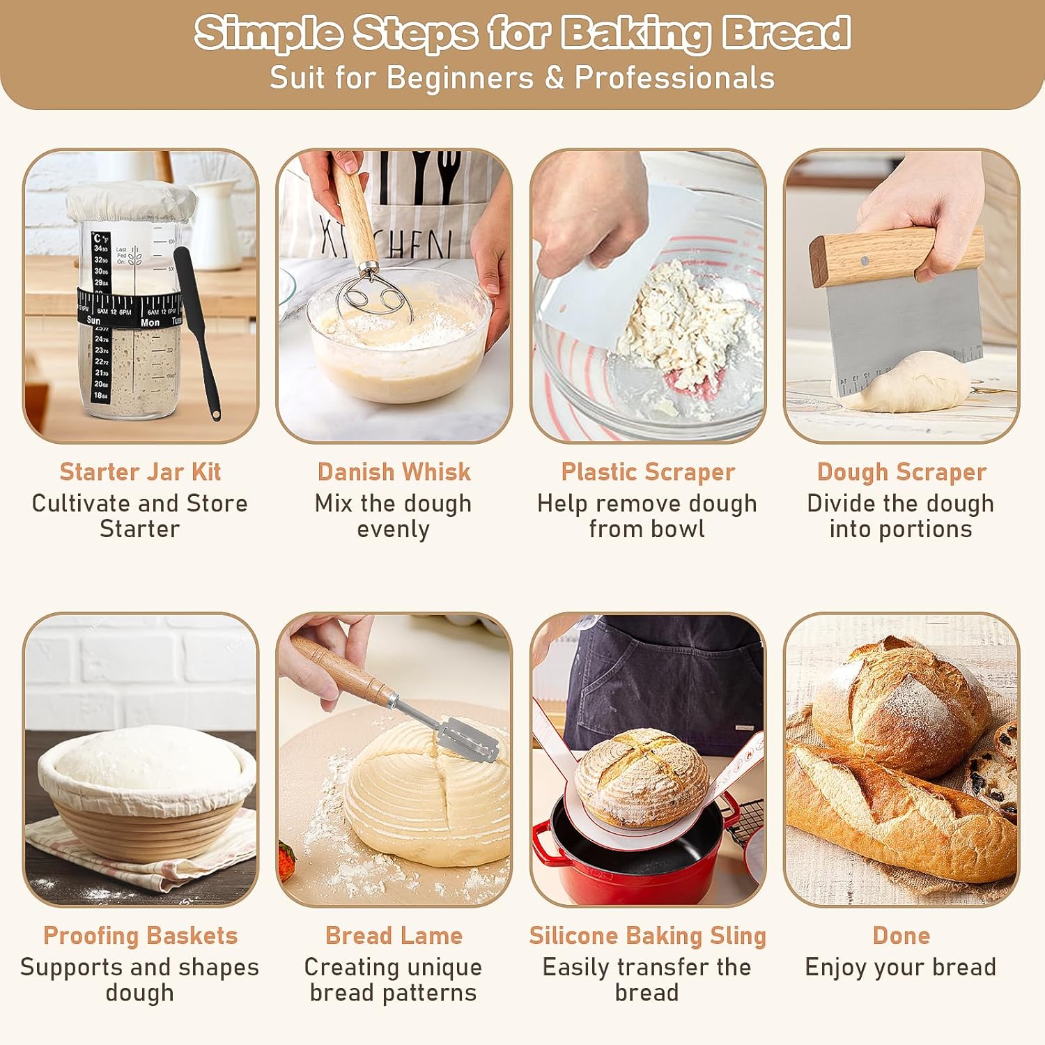 12PCS  Sourdough Starter Kit, Banneton Bread Proofing Basket, 24oz Glass Sourdough Starter Jar, Sourdough Bread Baking Supplies, Sourdough Proofing Basket, Bread Making Tools- B