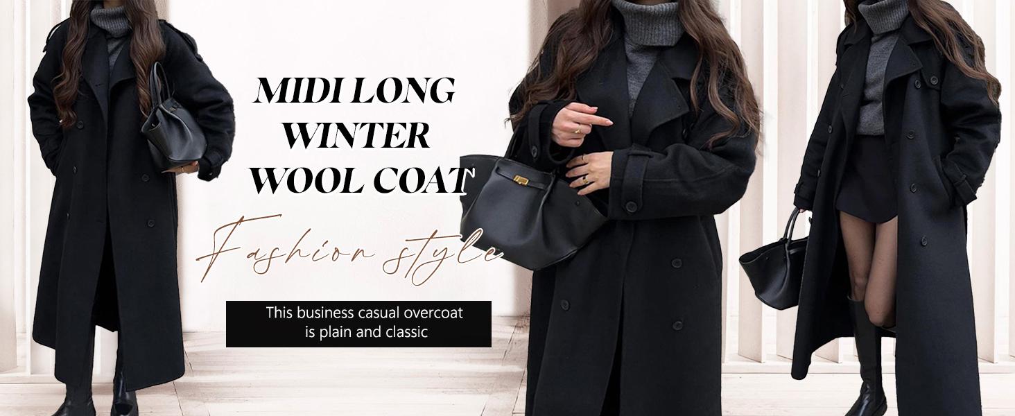 Chouyatou women's winter wool blend mid-length coat notched lapel double-breasted long-sleeved trench coat with belt SpringStatements