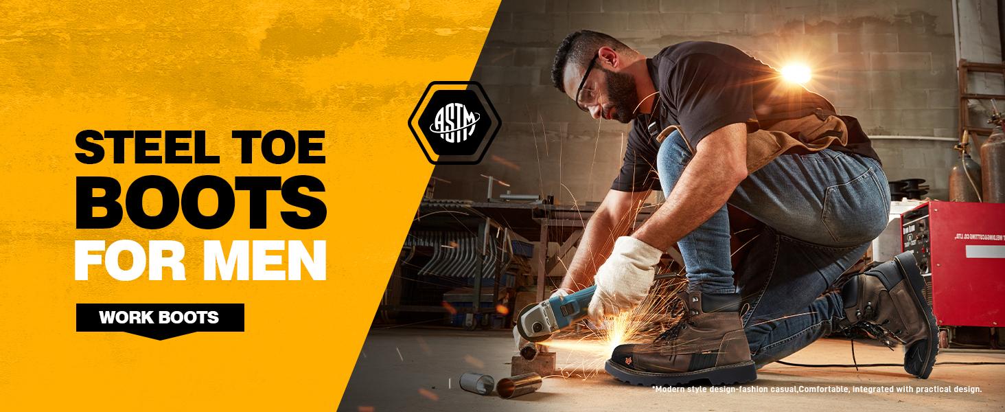 Men's Anti-smash& Anti-puncture Steel Toe Work Boots Fashionable Non-slip Oil-proof&Wear-resistant Work Shoes Lace Up Hight Top Safety Shoes