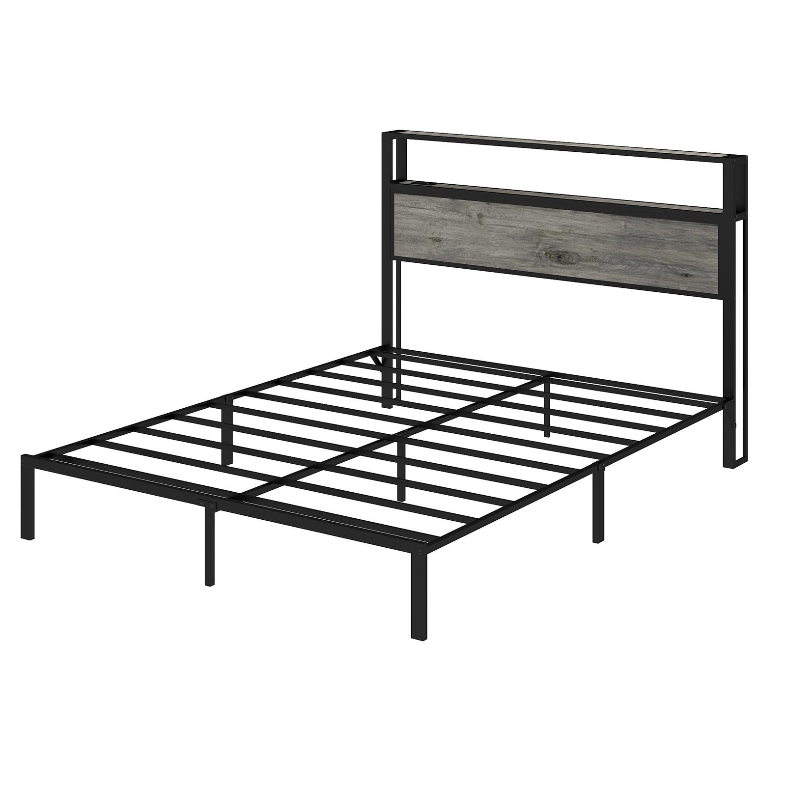 Queen Size Bed Frame with RGB LED Headboard, USB/Type-C Charging Station & Storage Shelves, Rustic Grey Metal Platform Bed, Noise-Free Easy Assembly, No Box Spring Needed (Mattress not included) Queen Size Bed Frame with RGB LED Headboard, USB/Type-C Charging Station & Storage Shelves, Rustic Grey Metal Platform Bed, Noise-Free Easy Assembly, No Box Spring Needed (Mattress not included)