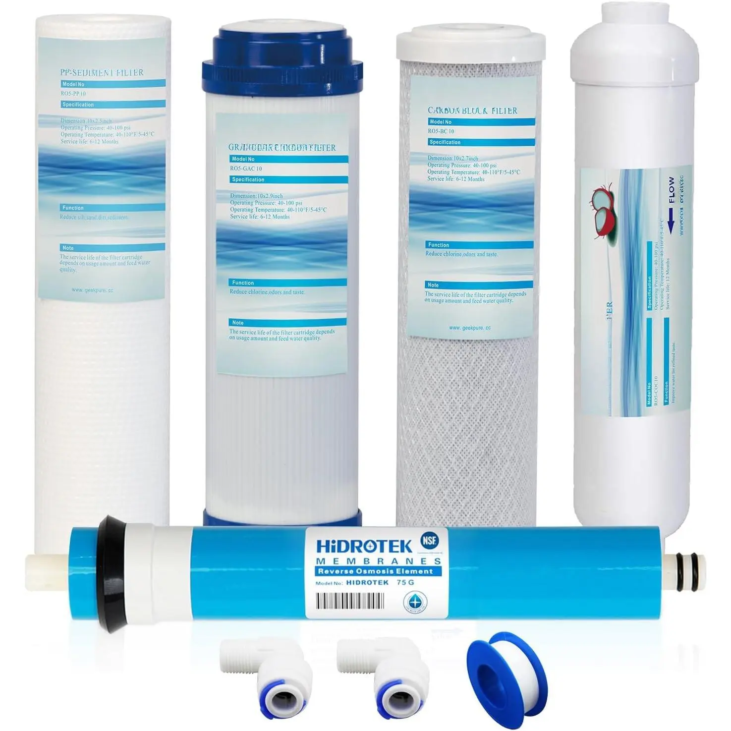 5 Stage Reverse Osmosis  Filter Set with 75 GPD Membrane -2.5 x 10 Inch