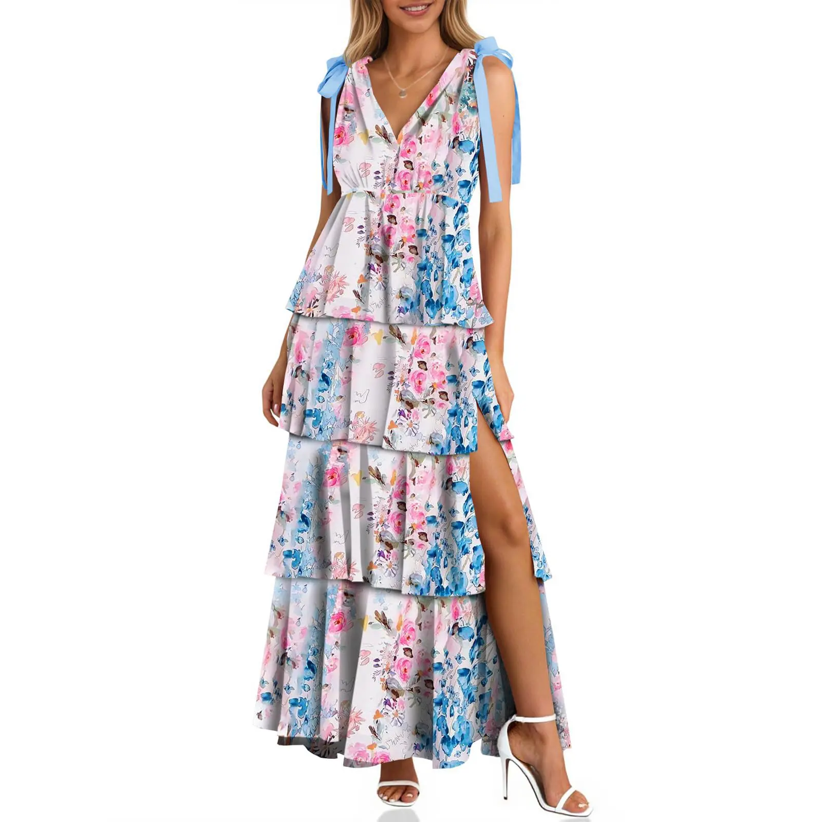 Wenrine Women's Summer Floral Maxi Dress Tie Strap Sleeveless V Neck High Slit Boho Ruffle Tiered Beach Dresses - TikTok Shop Wenrine Women's Summer Floral Maxi Dress Tie Strap Sleeveless V Neck High Slit Boho Ruffle Tiered Beach Dresses - TikTok Shop