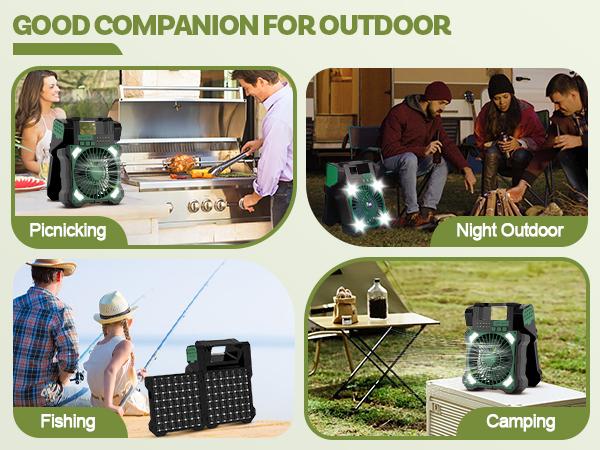 12000mah Solar Powered Fan, Dual-Panel Rechargeable Solar Camping Fan with LED Lantern, 5 Adjustable Speeds Cordless Battery Powered Portable Fan, Quiet USB-C Desk Fan for Tent Home Worksite