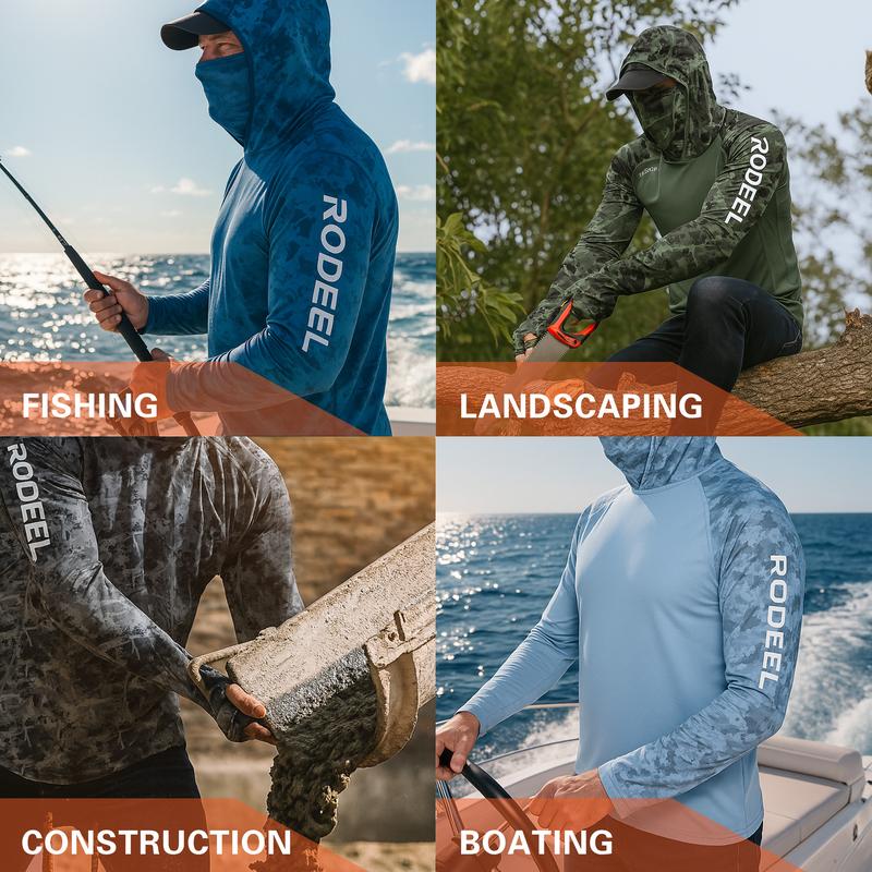 【RODEEL】934 RIIIPO Sun Hoodie Shirts w/ UV Detection Mask Neck Gaiter Thumbhole Men UPF 100+ Sun Protection Long Sleeve Lightweight Quick Dry Moisture Wicking Breathable Cooling Athletic Activewear for Outdoor Sports Fishing Construction, Holiday Gift