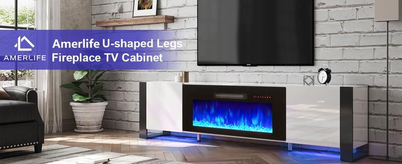 [Ships in 2 Boxes] AMERLIFE U-Shaped Legs Fireplace TV Stand, Media Console with Electric Fireplace and LED Lights, Modern Entertainment Center with Storage Shelf, Apartment Furniture/Best Gift Ideas/Christmas Gifts