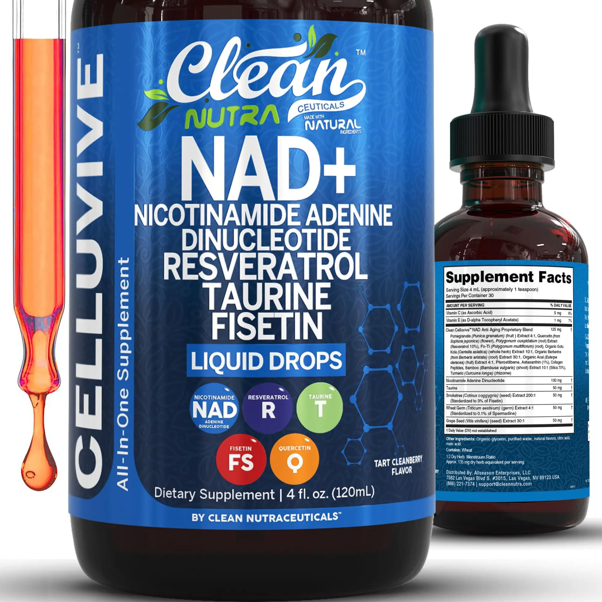 Clean Nutra NAD+, Nicotinamide Adenine, Dinucleotide, Resveratrol, Taurine, Fisten & More for Cellular Energy & Aging Longevity Supplement - Celluvive Liquid Drops