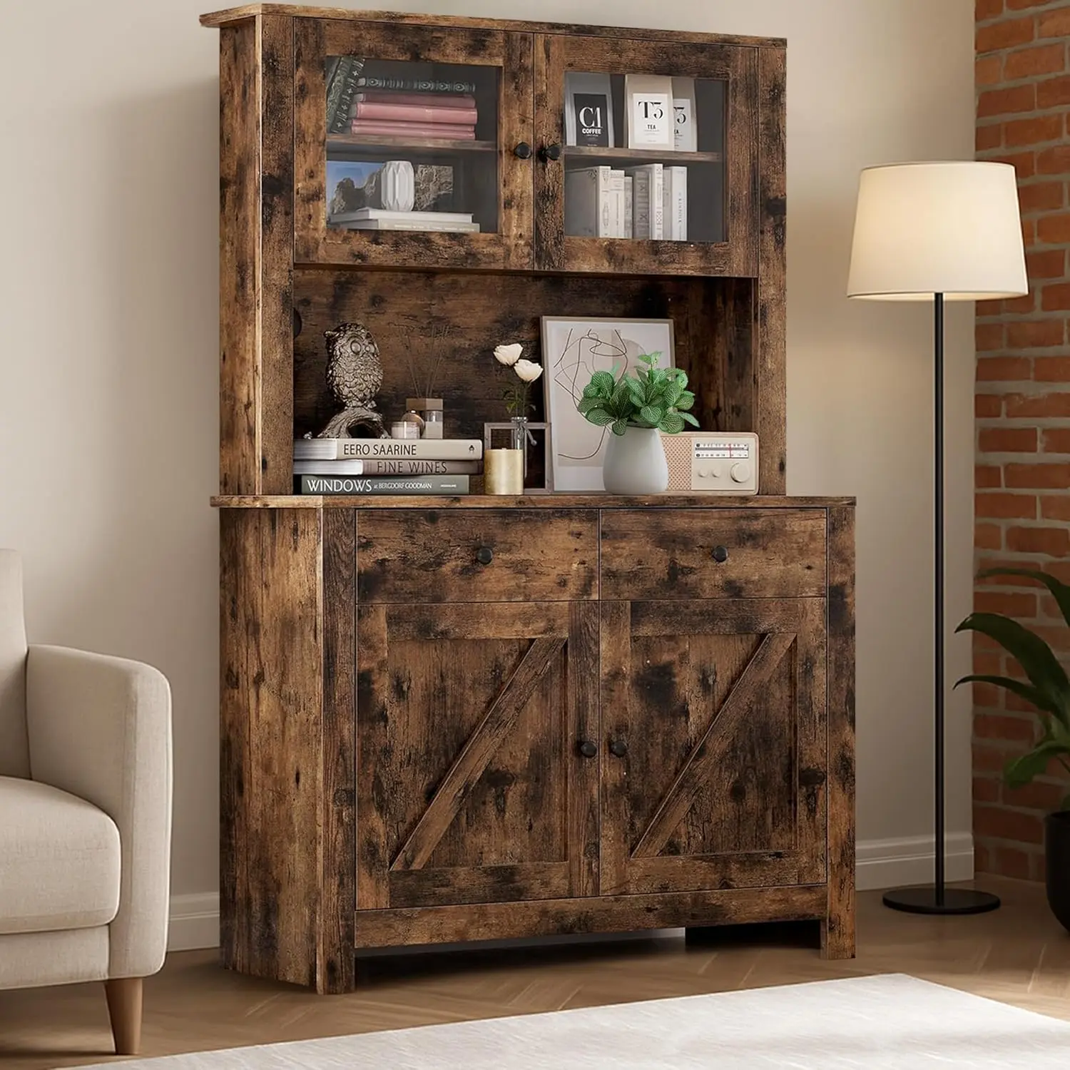 【Christmas Gift】63 inch Tall Kitchen Pantry Cabinet with Drawers  Hutch  Glass Doors  Adjustable Shelves  Freestanding Microwave Stand and Storage Cabinet  Brown