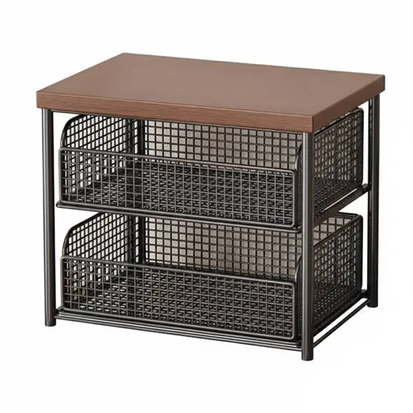 Kitchen Countertop Organizer with Drawer and Wire Basket, 2-Tier Hardwood Shelf, Desktop Organizer with Storage Drawer, Heavy-Duty Iron Countertop Storage Rack for Microwave, Sliding Drawer Kitchenware, Space-Saving Pantry Kitchen Countertop Shelf