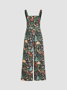 CIDER - Lightweight Corduroy Floral Button Wide Leg Jumpsuit