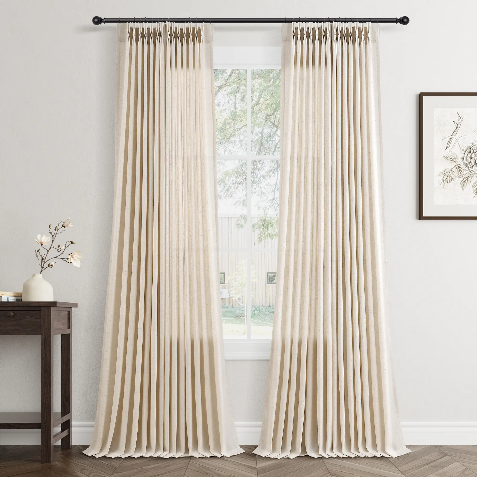 Jowels 2-Panel Pinch Pleated Linen Blend Curtain with Hooks, Back Tab & Rings, Semi Sheer Light Filtering Home Decoration for Bedrooms Indoor Use, Farmhouse Boho Soft Privacy Drapes, Home Decoration Curtain
