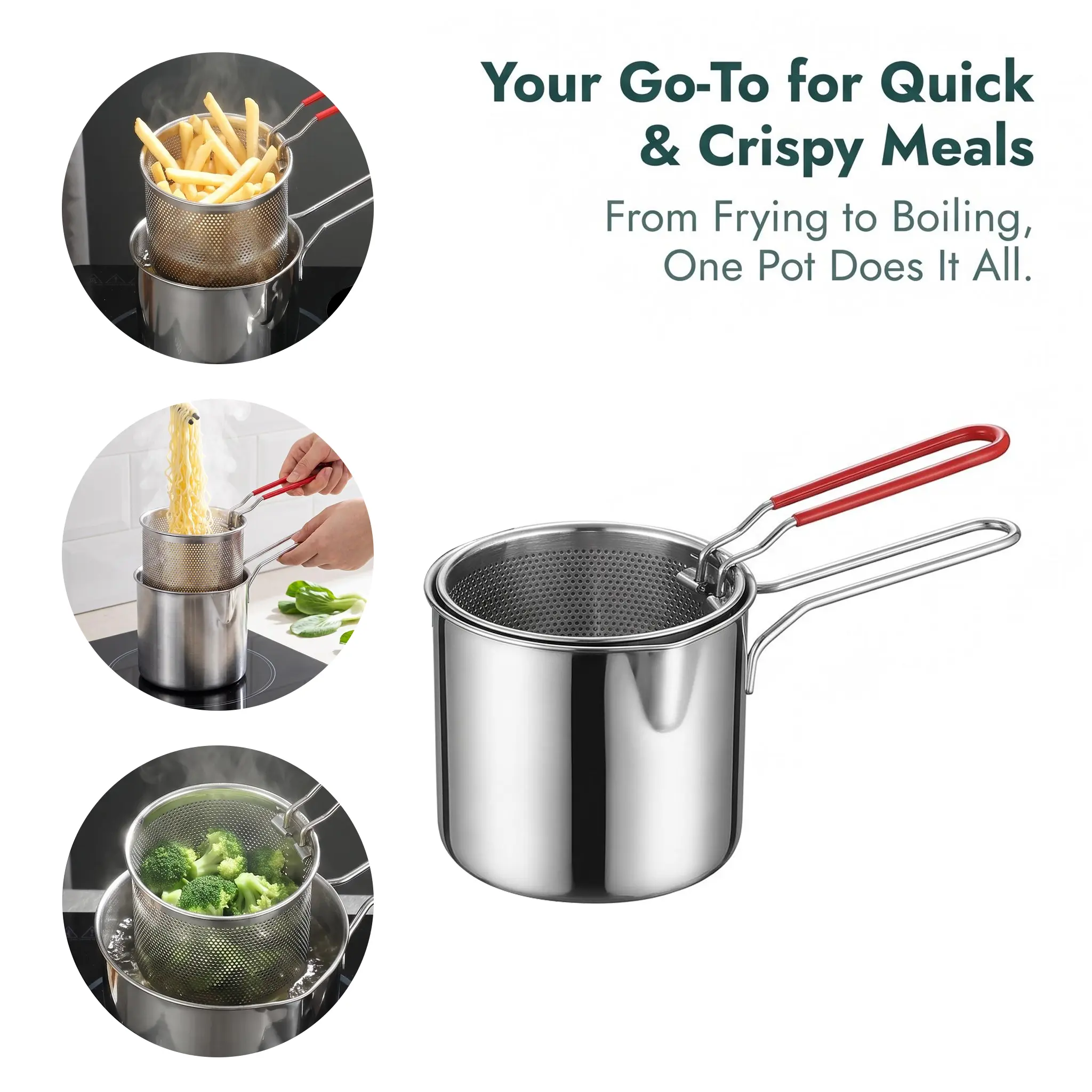 【Homeessentials】304 Stainless Steel Deep Frying Pot with Mesh Strainer Basket, Long Heat-Resistant Handle – Small Kitchen Cookw#homeessentialsare for Home Cooking