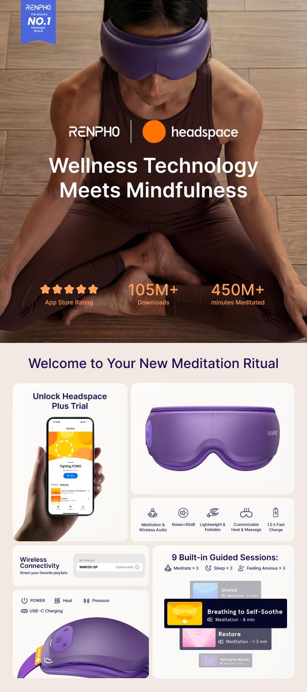 RENPHO & Headspace Eyeris Zen Eye Massager with Heat, Meditation Sounds, Ultra-Quiet Eye Mask for Stress Relief & Sleep