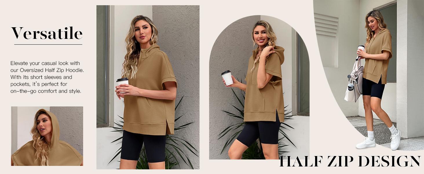 FISOEW Womens Oversized Half Zip Hoodies Short Sleeve Casual Sweatshirts Pullover Tops with Pockets Leggings Loose Aesthetic parke mockneck sweatshirt comfort sweatshirts denim tear hoodie FallFreshness #Springtok #TikTokShopJumpstartSale