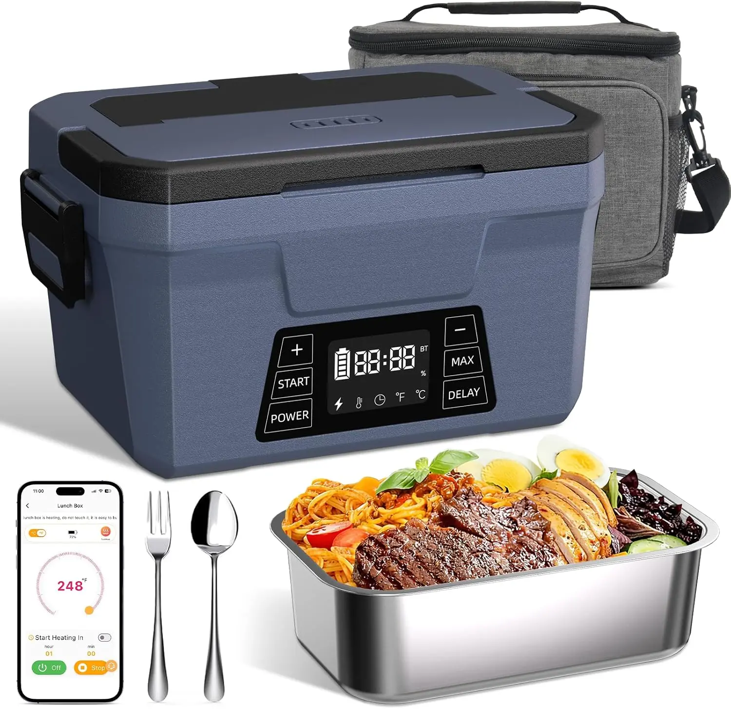 Cordless APP-Controlled Heated Stainless Steel Lunch Box - 1.2L Modern Rectangular Tableware with Timer, Battery-Powered Self-Heating Food Warmer for Work, Perfect Christmas Gift for Men, Rectangular Box