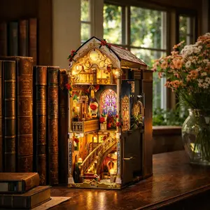 Enchanted Rose Library DIY Book Nook Kit – 3D Wooden Bookshelf Insert with LED Lights, Perfect for Holiday Decor