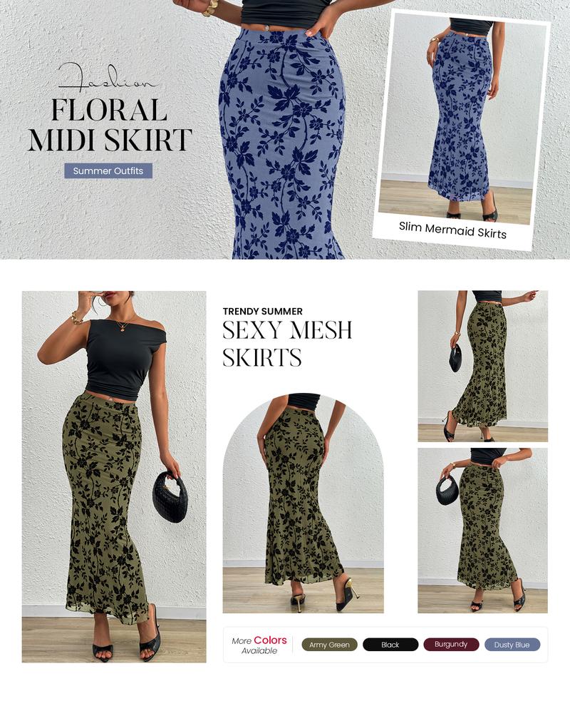 BTFBM Womens Floral Mesh Midi Skirt Elastic High Waisted Boho Elegant Mermaid Summer Fall Long Skirts for Women BTFBM Womens Floral Mesh Midi Skirt Elastic High Waisted Boho Elegant Mermaid Summer Fall Long Skirts for Women