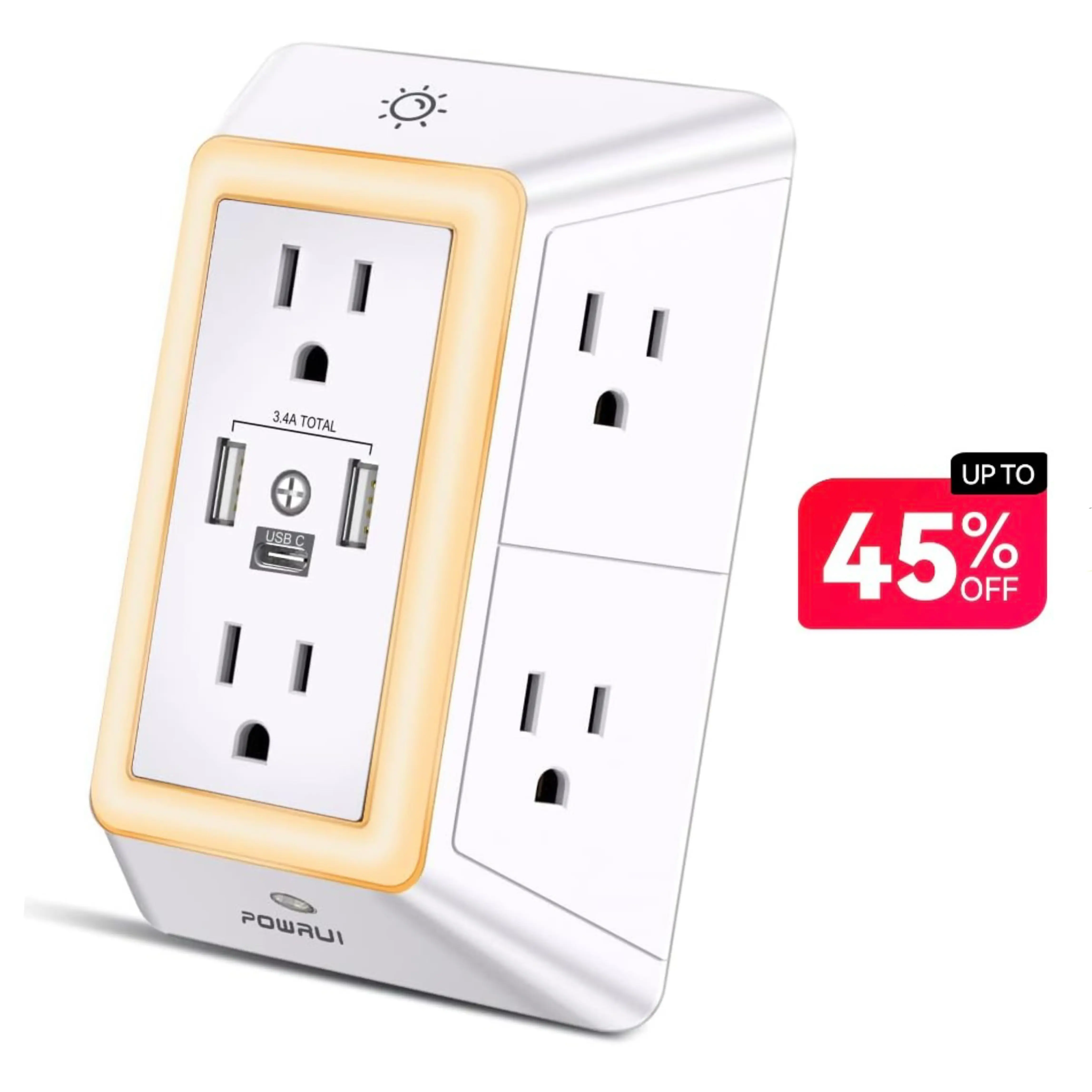 Multi Plug Outlet Surge Protector Socket - Back to School Essential, 6 AC Outlets (Type B, Adapter-Spaced), 3 USB Ports (1 USB C), Smart Night Light, 3-Sided Power Strip - ETL Listed for Indoor Use (Living Room, Kitchen, Office) - White