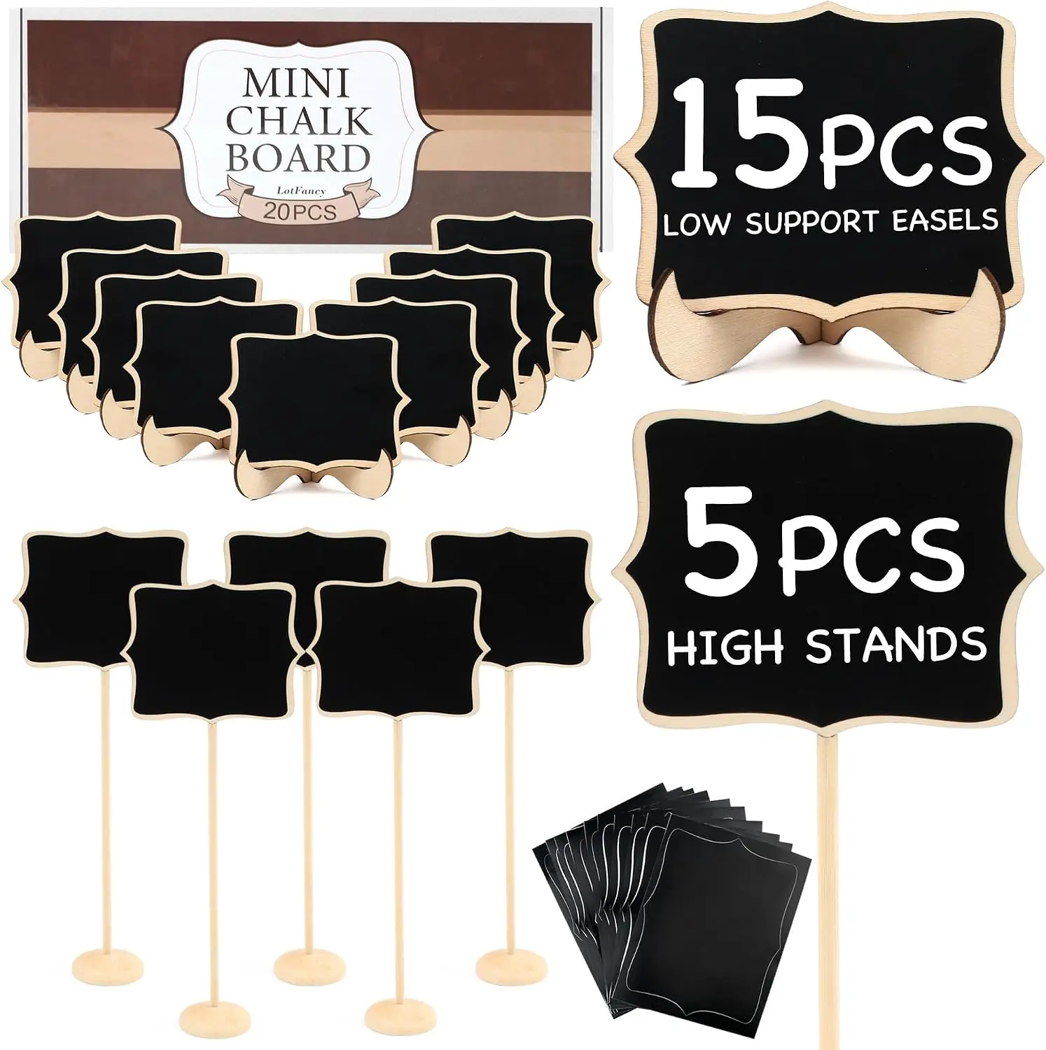 LotFancy 20 Pack Mini Chalkboard Signs with Support Easels and 10 Extra Stickers, Food Labels for Party Buffet Table, Weddings, Table Numbers, Message Board and Event Decorations