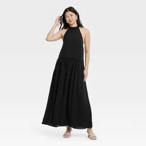 Women’s Tie-Neck Maxi Dress – Casual Lightweight Womenswear Style with Balloon Sleeve, Nylon Fabric & Slit Garment Design  – A New Day