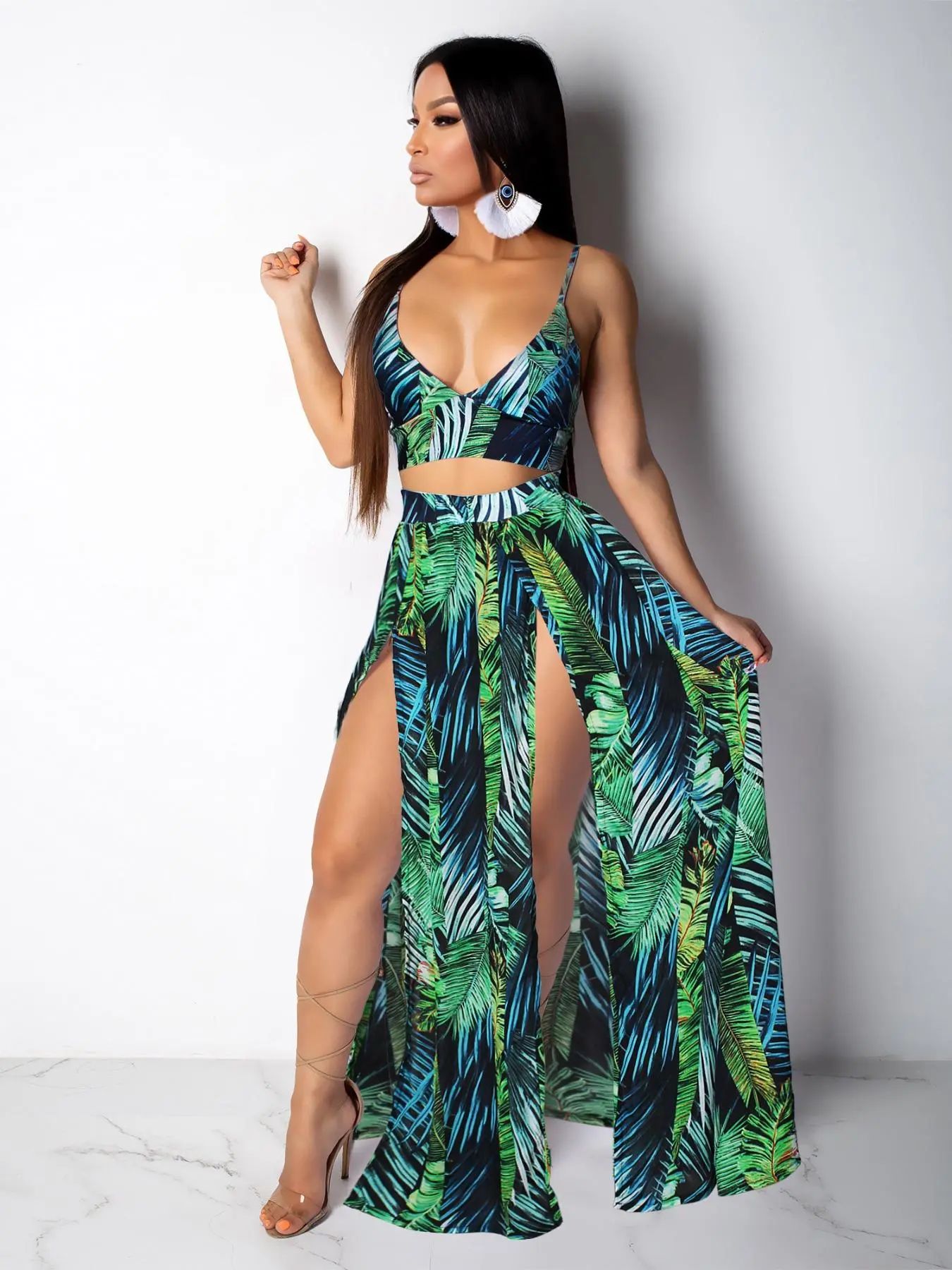 Women's Leaf Print Crop Sleeveless Cami Top & Split Hem Skirt Two-Piece Set, Bohemian Casual Outfit for Beach Holiday Vacation, Ladies Summer Clothes