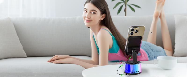 Wireless Induction Audio Bluetooth Speaker 5in1 Cellphone Holder USB Emergency Rechargeable (5000mAh) Portable Power Mobile Tablet Stand with Colorful Ambient Light Gifts for Friend, Family