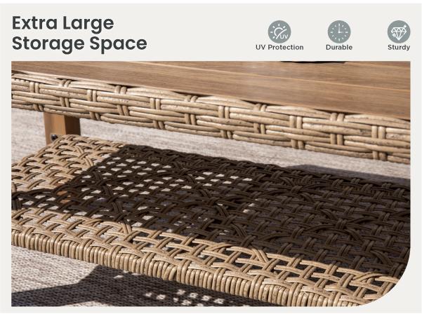 PHI VILLA Outdoor Wicker Patio Conversation Furniture Set with Acacia Wood Coffee Table Includes Patio Table and Storage Sofa Lounge Classic Durable Rattan Style, Christmas Gift