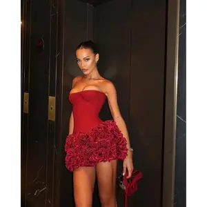 Strapless backless Red Structured Floral Christmas Dress