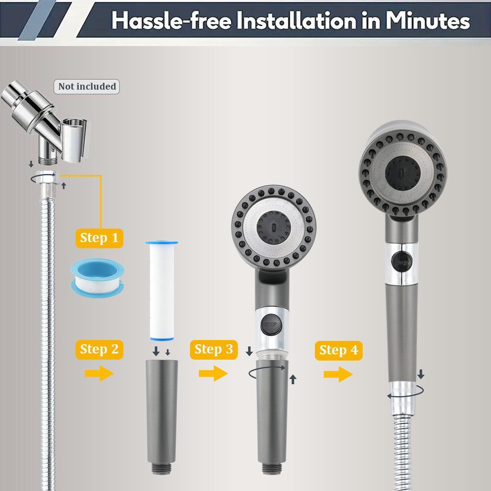 9-Piece Adjustable Shower System with High Pressure, 3-Speed Massage, One-Touch Water Stop, Universal Interface, Stainless Steel Panel, Hose Holder, and Filter Element
