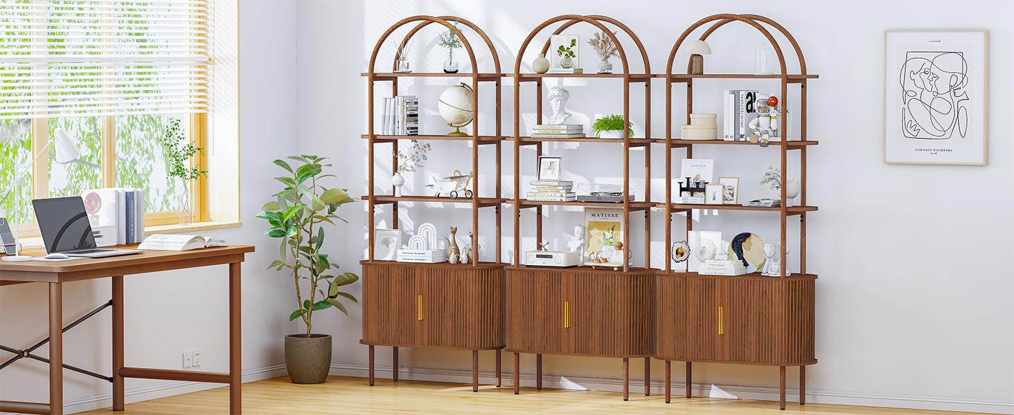 Giratree 71" Tall Fluted Arched Bookshelf with Sliding Tambour Doors, Mid Century Modern Curved Bookshelf Cabinet with Storage, 4-Tier Open Display Storage Shelf for Home Office, Living Room