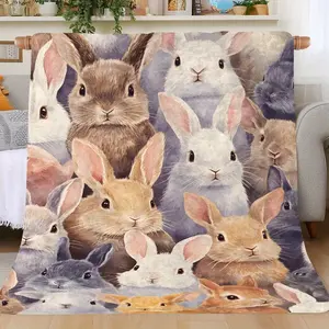 Easter Bunny Lover Gift Soft Cozy Flannel Blanket Cute Multi-Color Rabbits Print Plush Throw Warm Fuzzy Bed Sofa Blanket Ideal Easter Holiday Home Decor Gift for Women Kids Teens