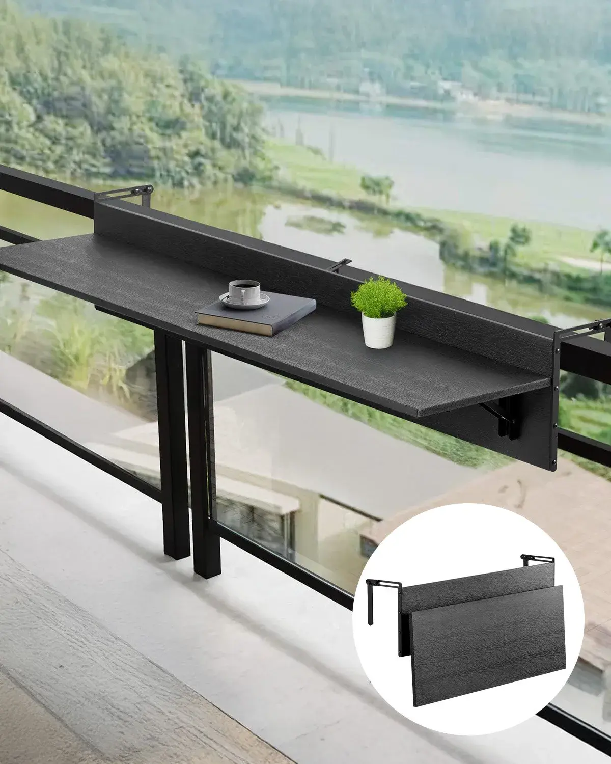 Stainless Steel Foldable Balcony Hanging Railing Table - Foldable Table, 48x17.72x9.45in, 12x48in Outdoor Bar, 50 lbs Capacity, 1-4.3in Adjustable Bracket Width, 15.87 lbs, 1-Patio Tool Organizer