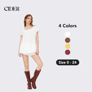 Cider 100% Recycled Cotton Square Neck Solid Ruffle Knotted Short Oversize Sleeve Blouse