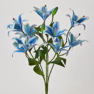 Royal Blue Silk Tiger Lily Bloom & Bud Faux Floral Stem Bouquet - 22"