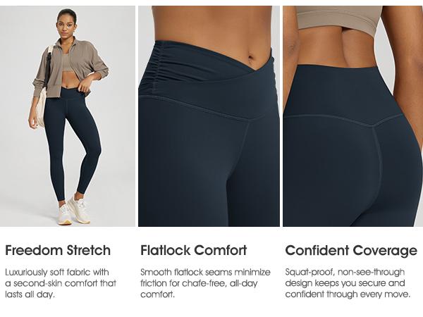 ODODOS Women's Cross Waist 7/8 Yoga Leggings with Inner Pocket, 25"/28" Gathered Crossover Workout Yoga Pants