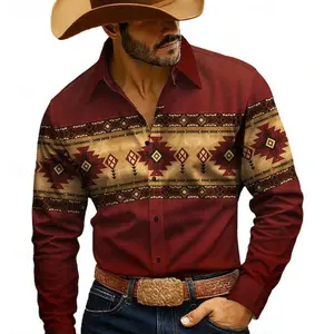 Men's Geometric Aztec Ethnic Western Cowboy Shirt Long Sleeve Vintage Retro Camping Hiking Hunting Spring Fall Turndown 3D Print Button Up Shirts White Burgundy Green Menswear Tops Casual Loose Fitted