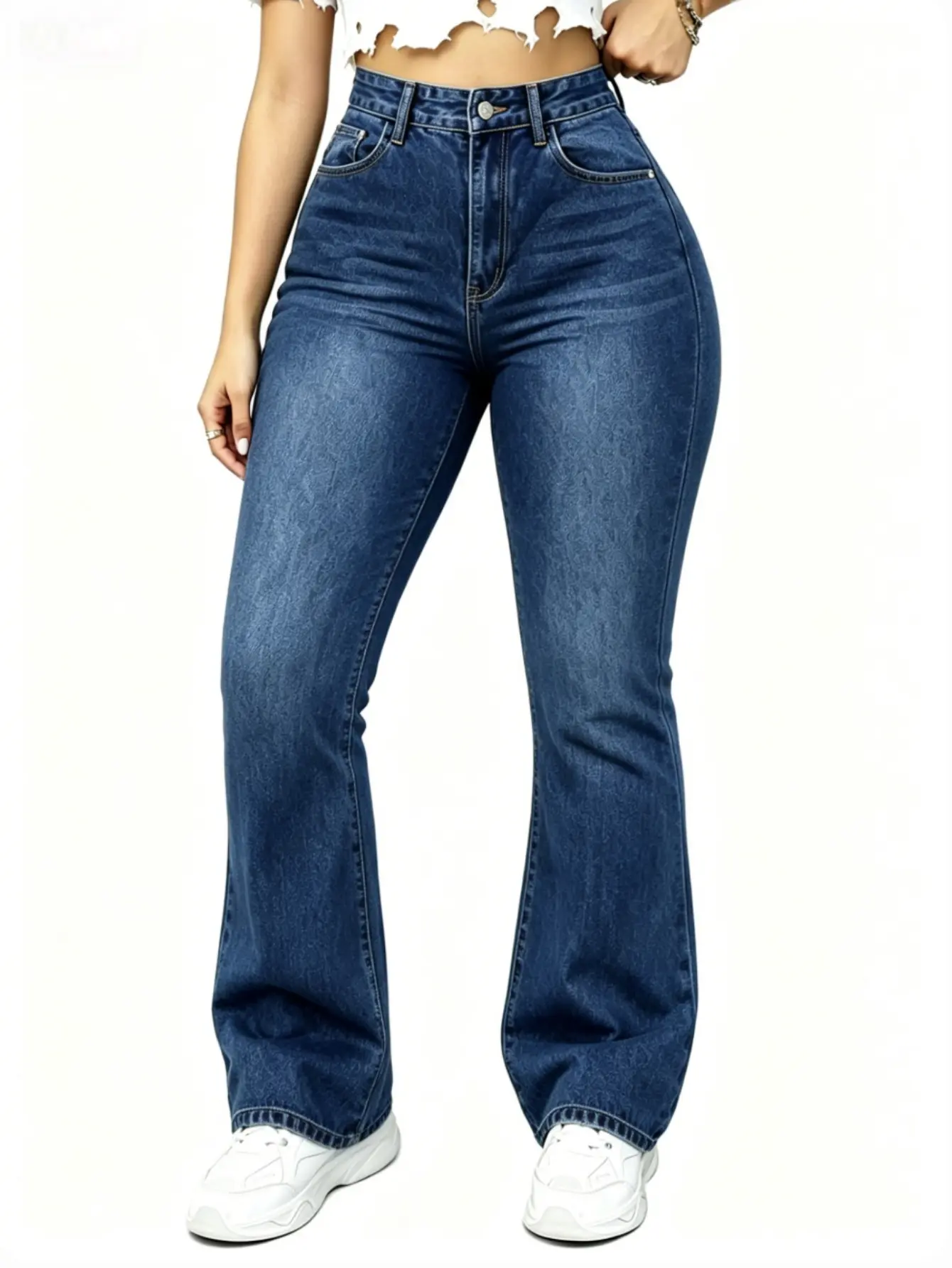 Women's WH56 High-Waisted Elastic Denim Bottoms - High-Stretch Classical Flared Bootcut Jeans with Pockets, Comfortable Flattering Slim Fit for Multi-Season Wear, Halloween