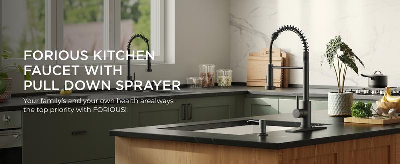 FORIOUS Kitchen Faucet with Pull Down Sprayer 2 Modes Single Handle High Arc Stainless Steel Kitchen Sink Faucet for Farmhouse RV Laundry Utility Room