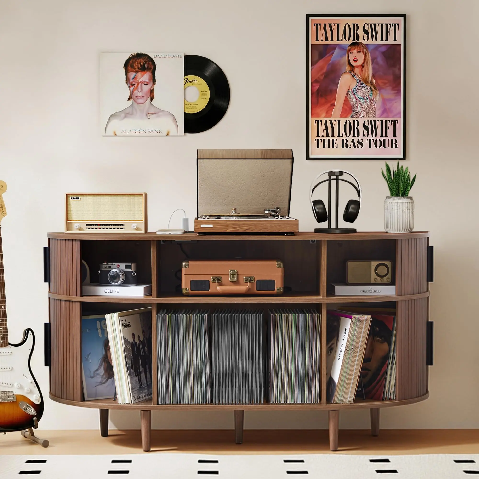 Giratree Large Record Player Stand, 55'' Wood Vinyl Record Storage Cabinet with Charging Station & USB Ports, Curved Turntable Table Open Shelf Holder Up to 300 Albums for Living Room