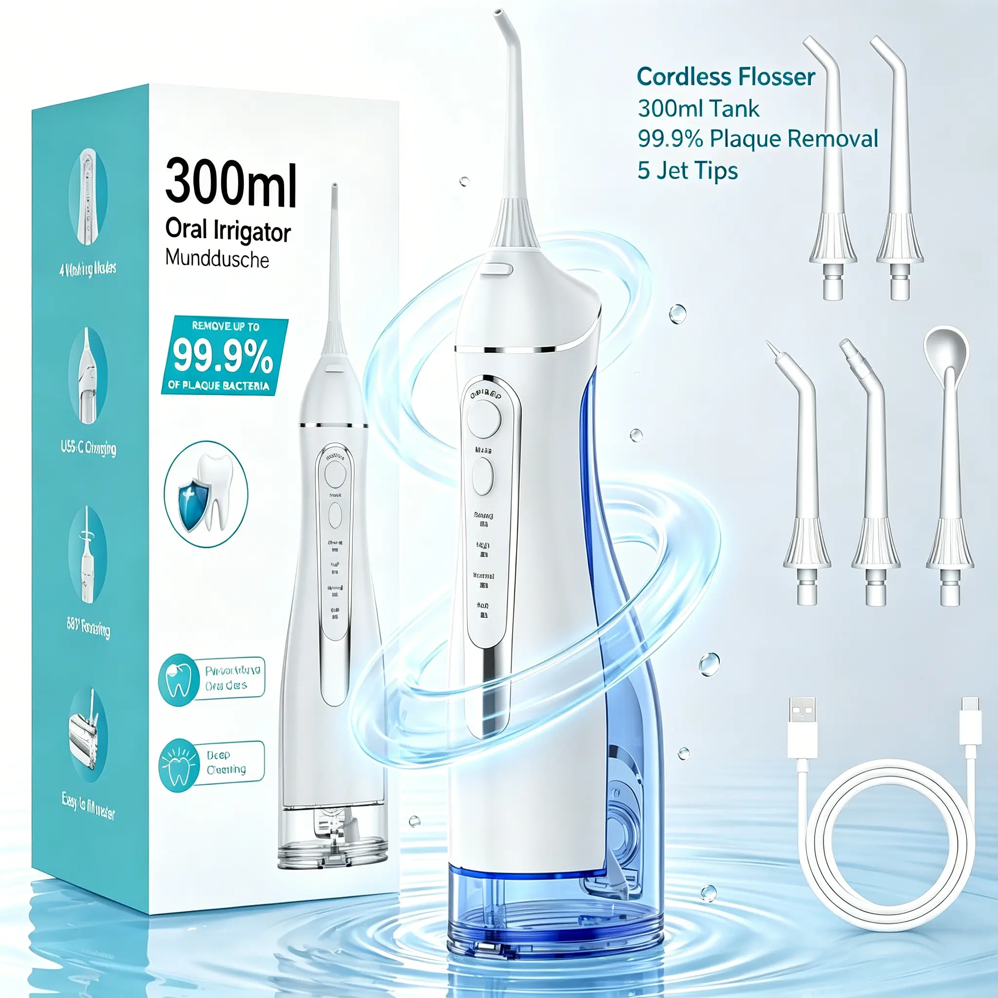 Portable Cordless Oral Irrigator - 300ML USB-C Rechargeable Silicone Water Flosser with 5 Replaceable Nozzles, 4 Adjustable Pressure Modes, IPX7 Waterproof, Storage Design, 99.9% Plaque Removal for Braces Daily Oral Care